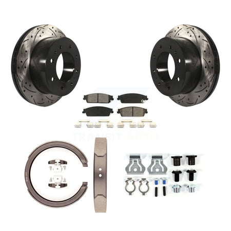Rear Disc Drilled & Slotted Rotors Semi-Metallic Pads Parking Shoes And Hardware Kit For KDS-101514