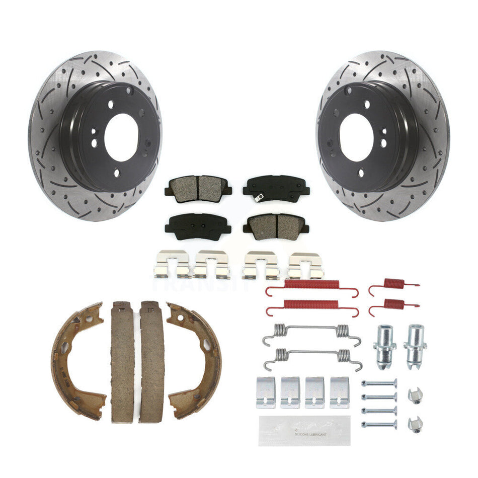 Rear Disc Drilled & Slotted Rotors Semi-Metallic Pads Parking Shoes Hardware Kit For Kia KDS-101515