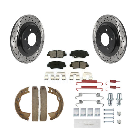 Rear Disc Drilled & Slotted Rotors Semi-Metallic Pads Parking Shoes And Hardware Kit For KDS-101517