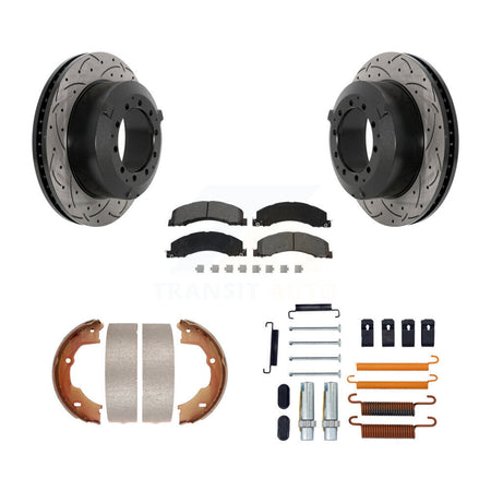 Rear Disc Drilled & Slotted Rotors Semi-Metallic Pads Parking Shoes Hardware Kit For Ram KDS-101519