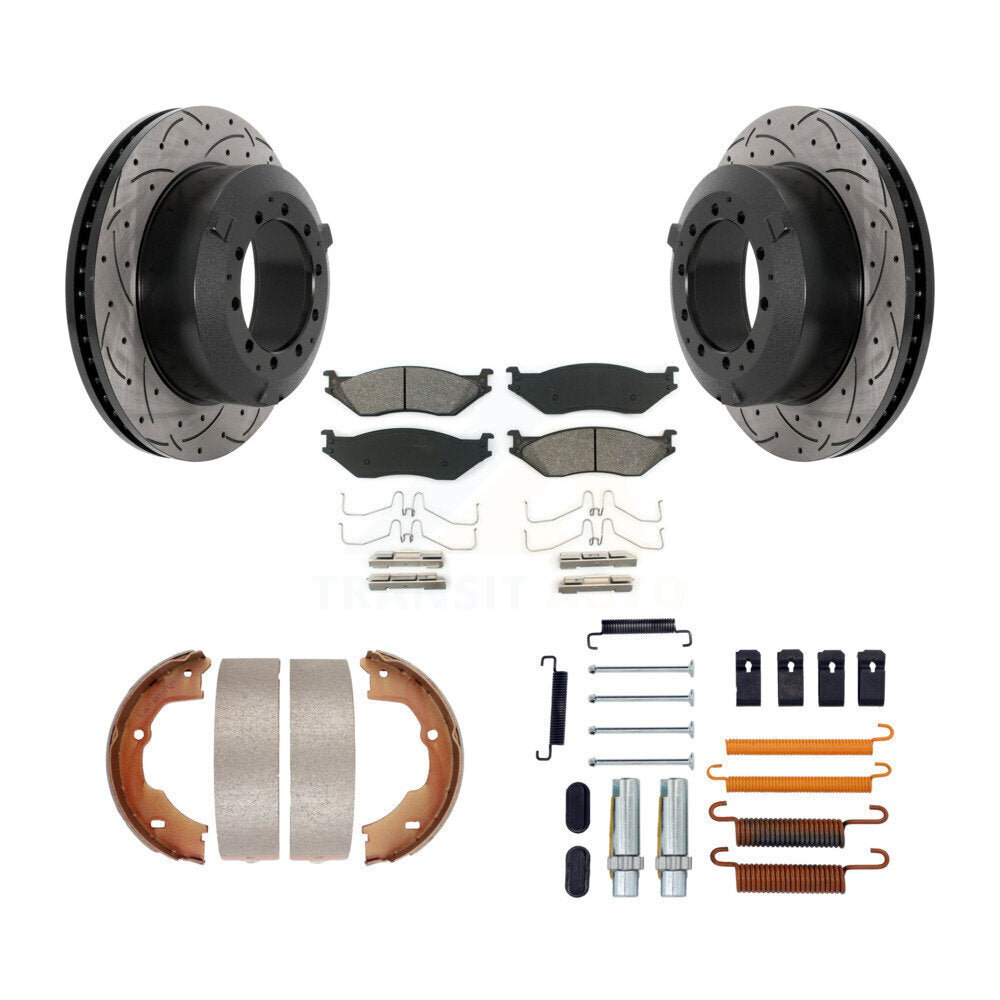 Rear Disc Drilled & Slotted Rotors Semi-Metallic Pads Parking Shoes Hardware Kit For Ford KDS-101520