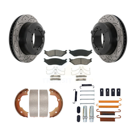 Rear Disc Drilled & Slotted Rotors Semi-Metallic Pads Parking Shoes Hardware Kit For Ford KDS-101520