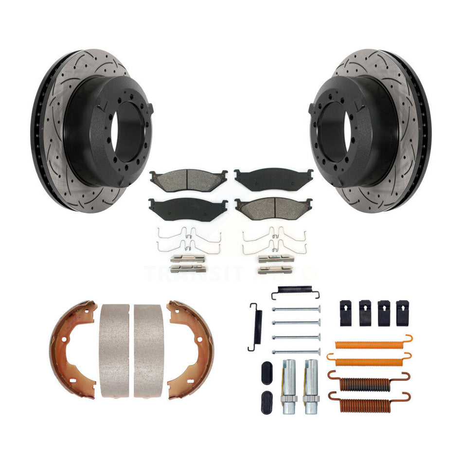 Rear Disc Drilled & Slotted Rotors Semi-Metallic Pads Parking Shoes Hardware Kit For Ford KDS-101520
