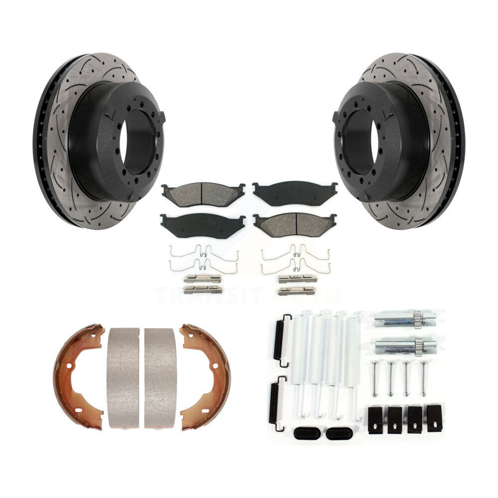 Rear Disc Drilled & Slotted Rotors Semi-Metallic Pads Parking Shoes And Hardware Kit For KDS-101521