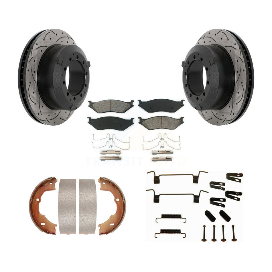 Rear Disc Drilled & Slotted Rotors Semi-Metallic Pads Parking Shoes And Hardware Kit For KDS-101522