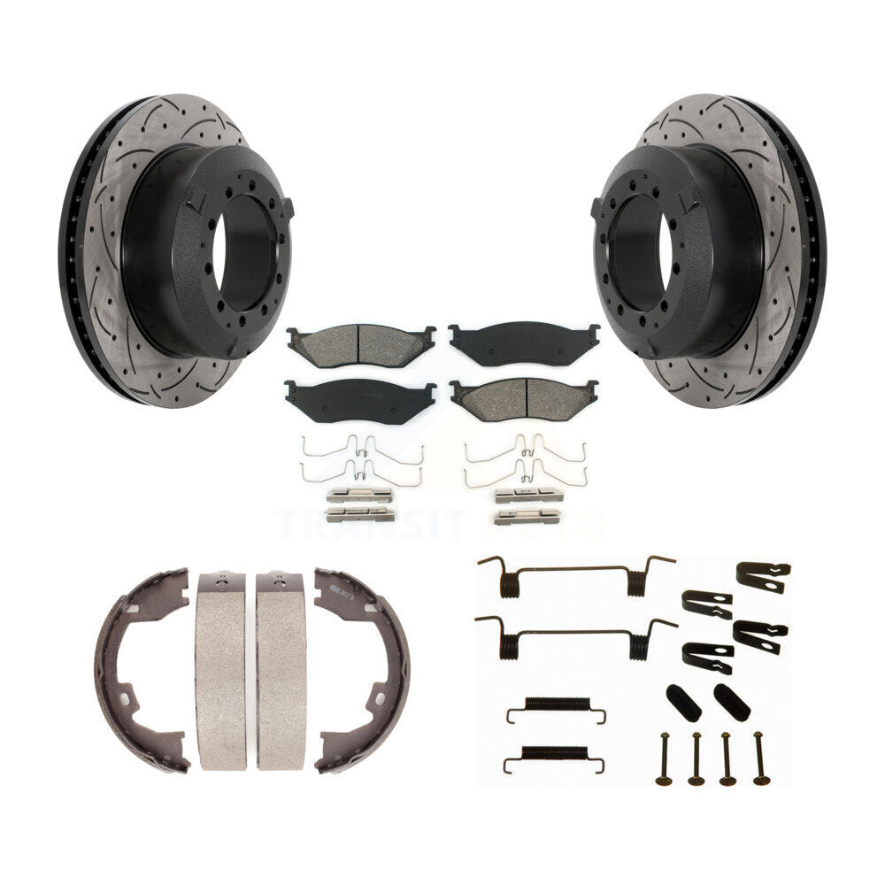 Rear Disc Drilled & Slotted Rotors Semi-Metallic Pads Parking Shoes Hardware Kit For Ford KDS-101523