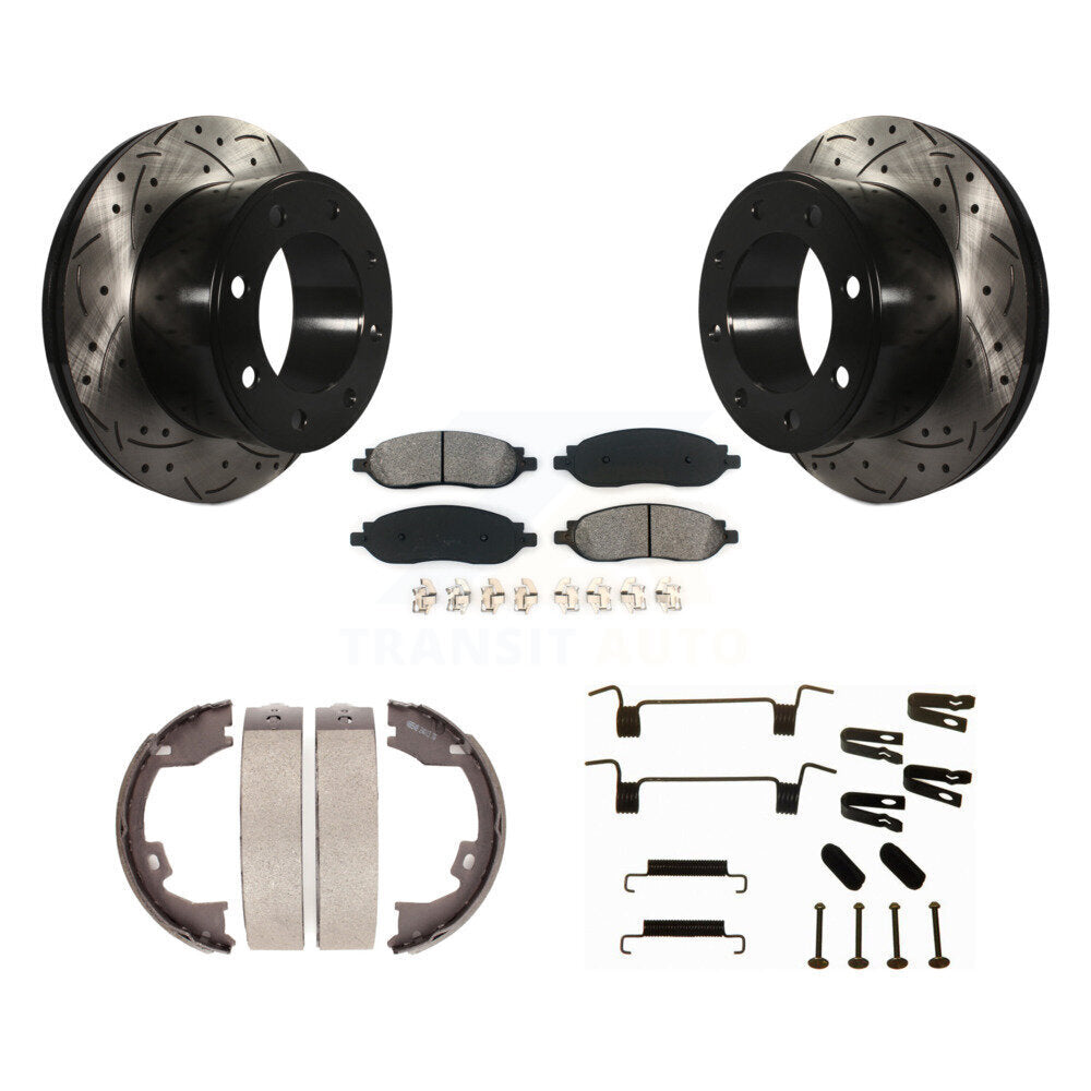 Rear Disc Drilled & Slotted Rotors Semi-Metallic Pads Parking Shoes Hardware Kit For Ford KDS-101524