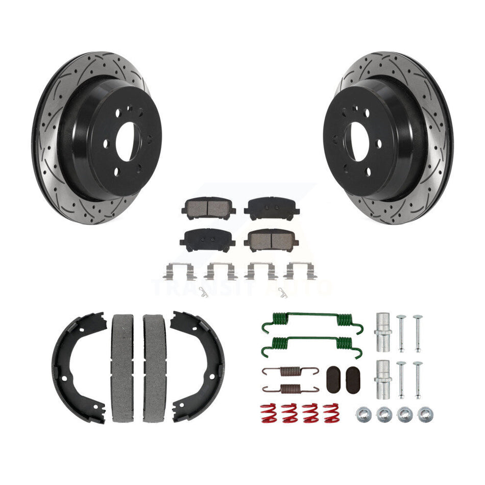 Rear Disc Drilled & Slotted Rotors Semi-Metallic Pads Parking Shoes Hardware Kit For GMC KDS-101525