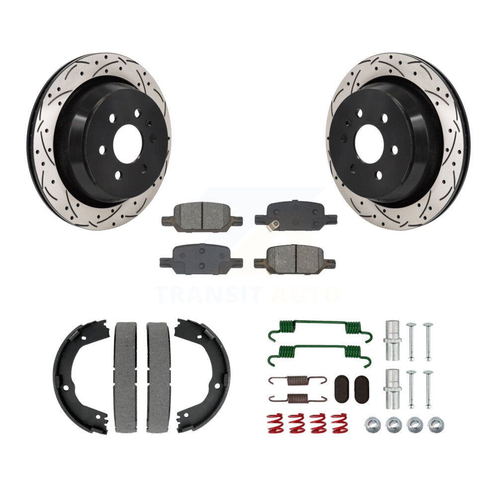 Rear Disc Drilled & Slotted Rotors Semi-Metallic Pads Parking Shoes Hardware Kit For GMC KDS-101526