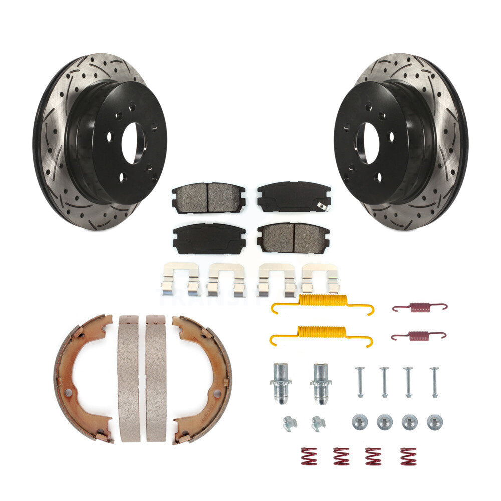 Rear Disc Drilled & Slotted Rotors Semi-Metallic Pads Parking Shoes Hardware Kit For GMC KDS-101527