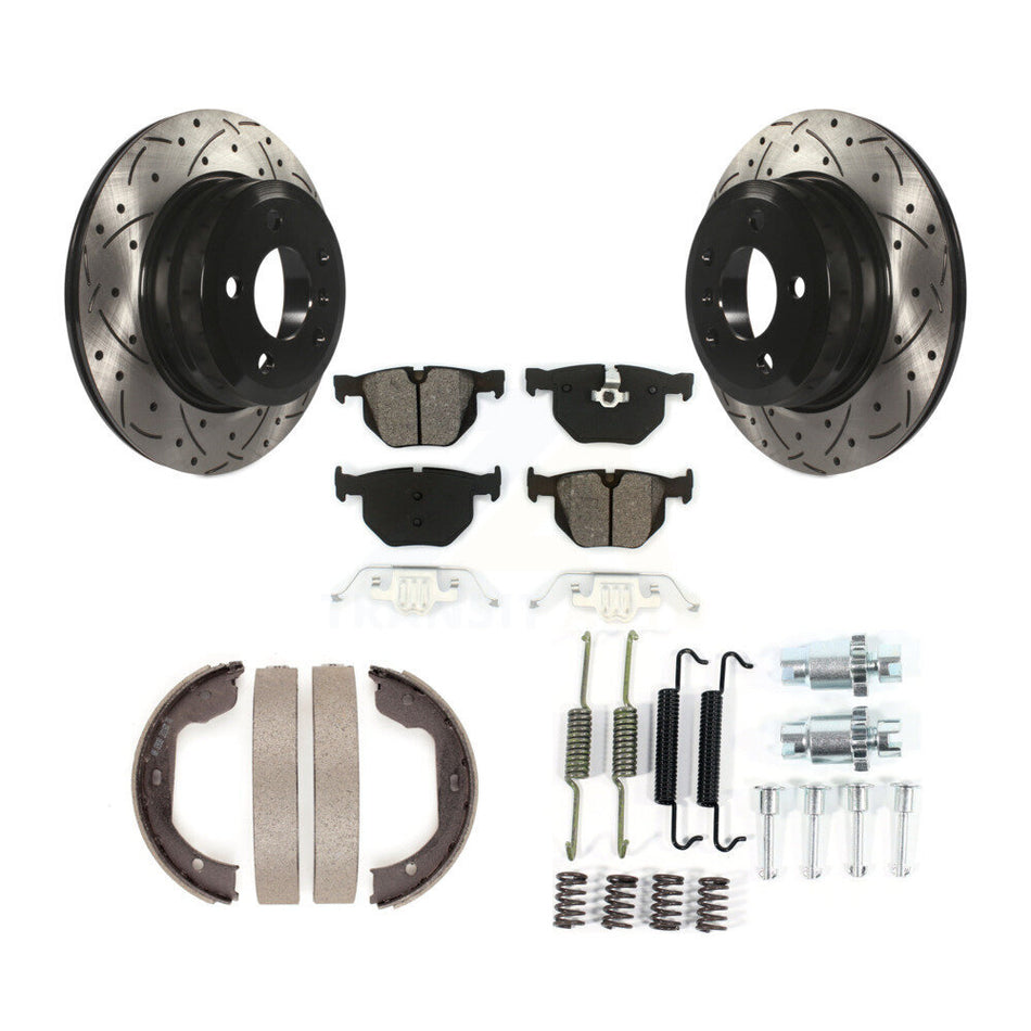 Rear Disc Drilled & Slotted Rotors Semi-Metallic Pads Parking Shoes Hardware Kit For BMW KDS-101528