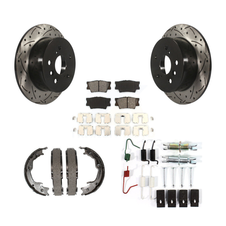 Rear Disc Drilled & Slotted Rotors Semi-Metallic Pads Parking Shoes And Hardware Kit For KDS-101531
