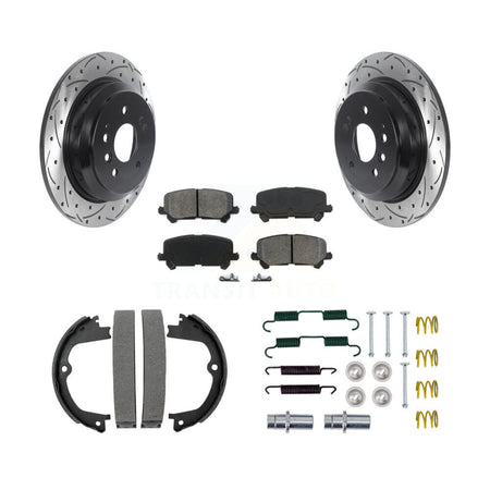 Rear Disc Drilled & Slotted Rotors Semi-Metallic Pads Parking Shoes And Hardware Kit For KDS-101533