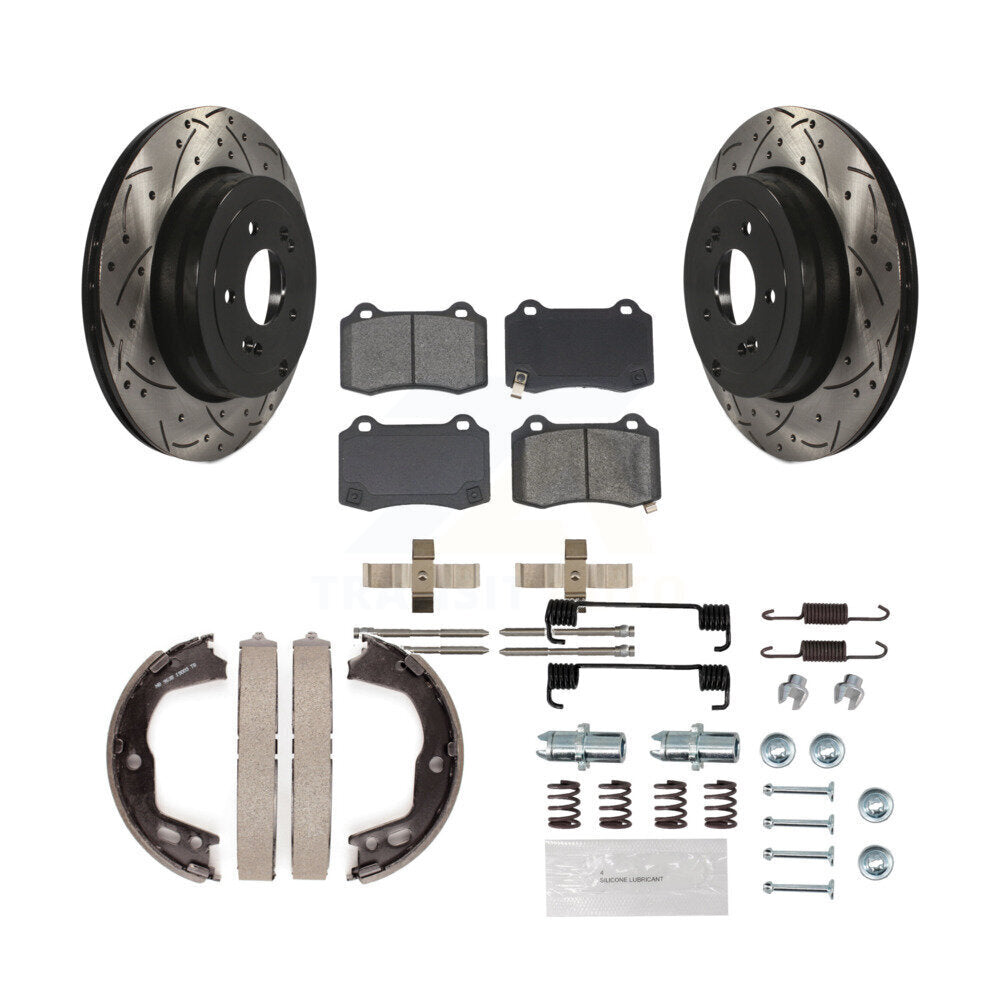 Rear Disc Drilled & Slotted Rotors Semi-Metallic Pads Parking Shoes And Hardware Kit For KDS-101535