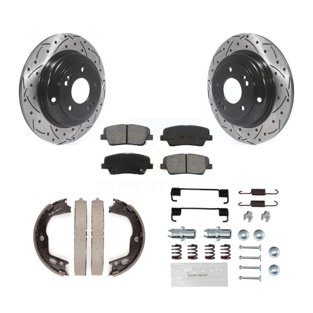 Rear Disc Drilled & Slotted Rotors Semi-Metallic Pads Parking Shoes And Hardware Kit For KDS-101536