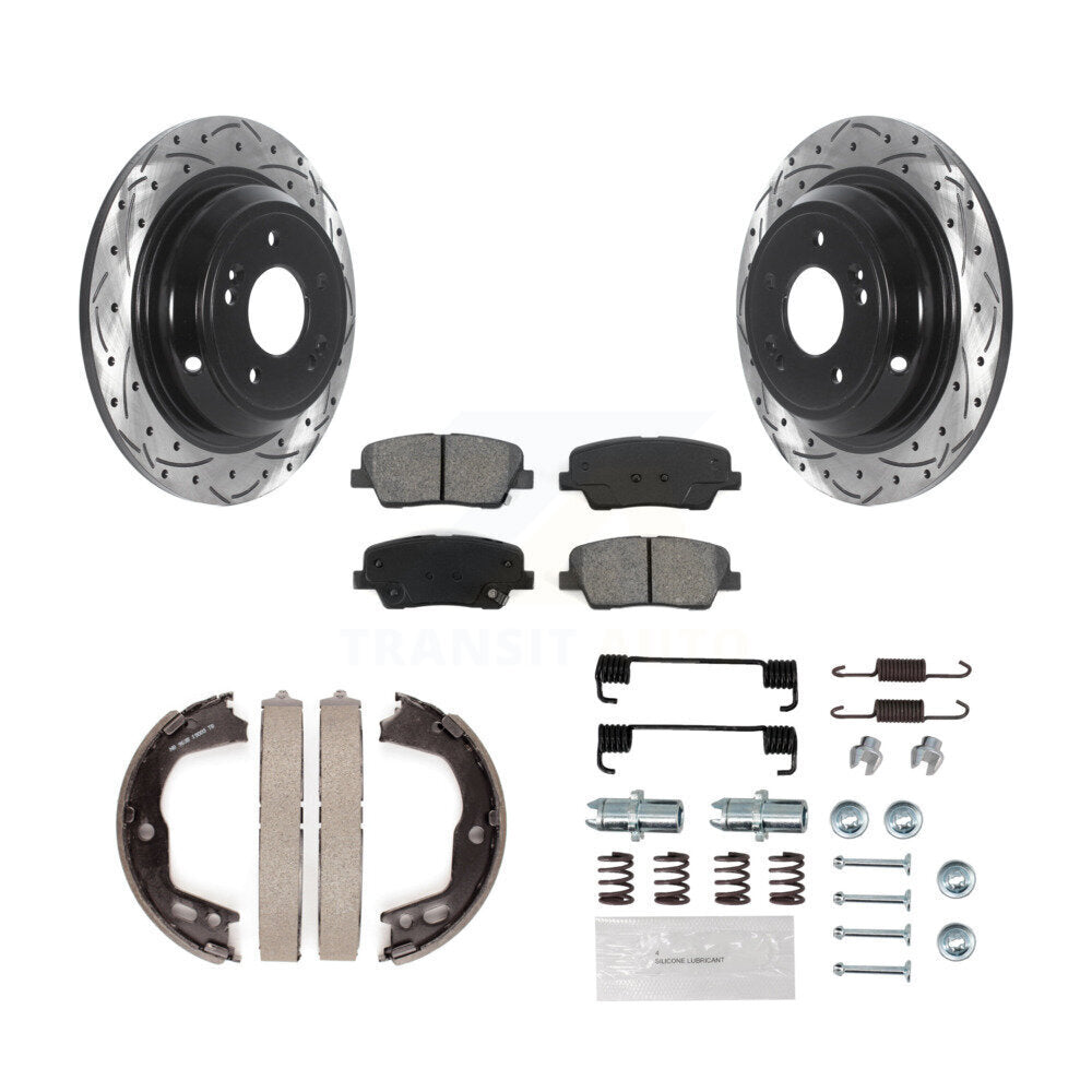 Rear Disc Drilled & Slotted Rotors Semi-Metallic Pads Parking Shoes And Hardware Kit For KDS-101537