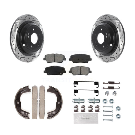 Rear Disc Drilled & Slotted Rotors Semi-Metallic Pads Parking Shoes And Hardware Kit For KDS-101537