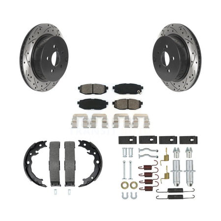 Rear Disc Drilled & Slotted Rotors Semi-Metallic Pads Parking Shoes And Hardware Kit For KDS-101540