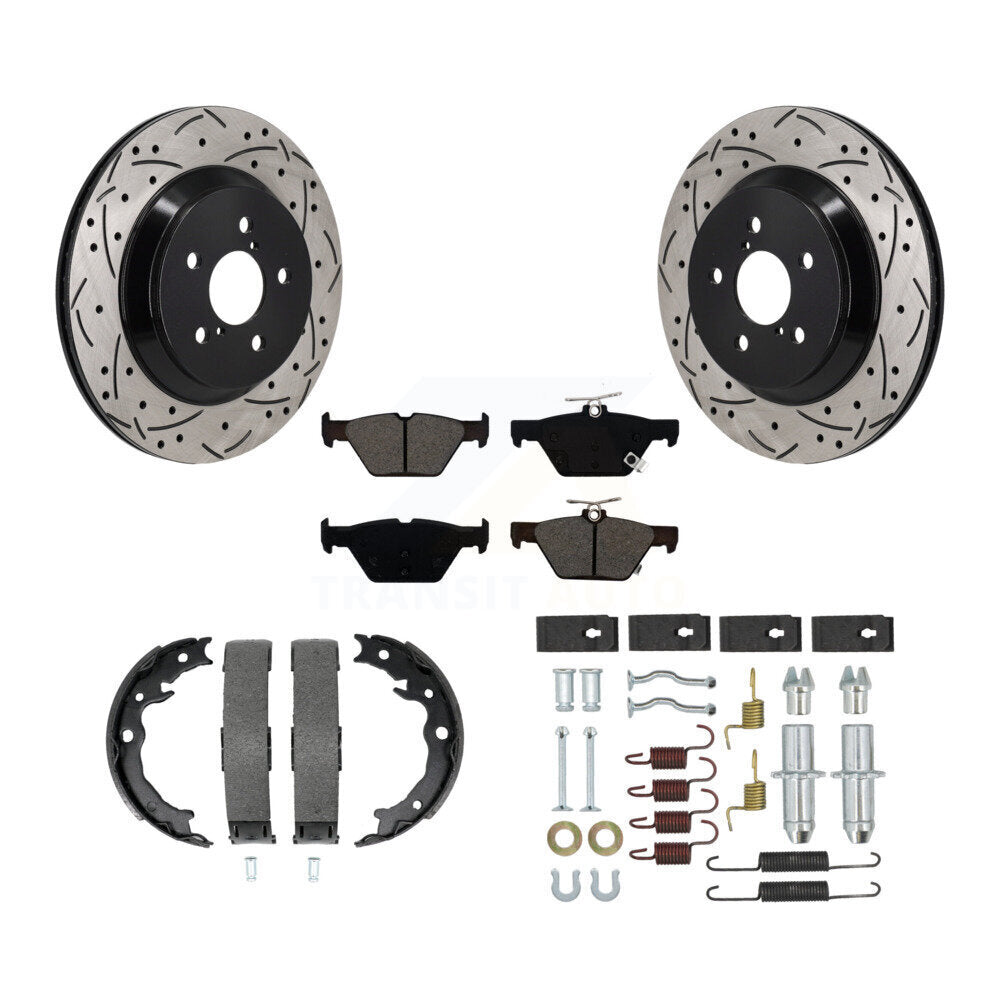 Rear Disc Drilled & Slotted Rotors Semi-Metallic Pads Parking Shoes And Hardware Kit For KDS-101542