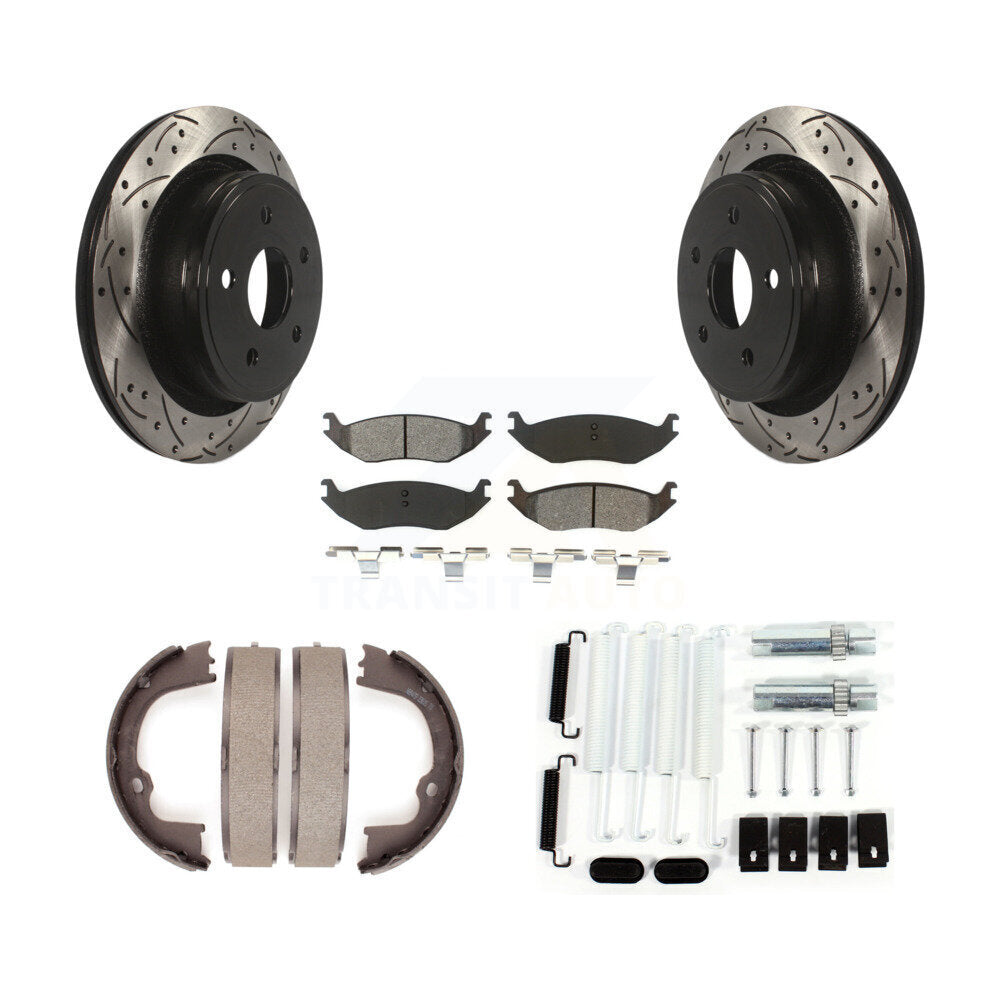 Rear Disc Drilled & Slotted Rotors Semi-Metallic Pads Parking Shoes Hardware Kit For Ram KDS-101544