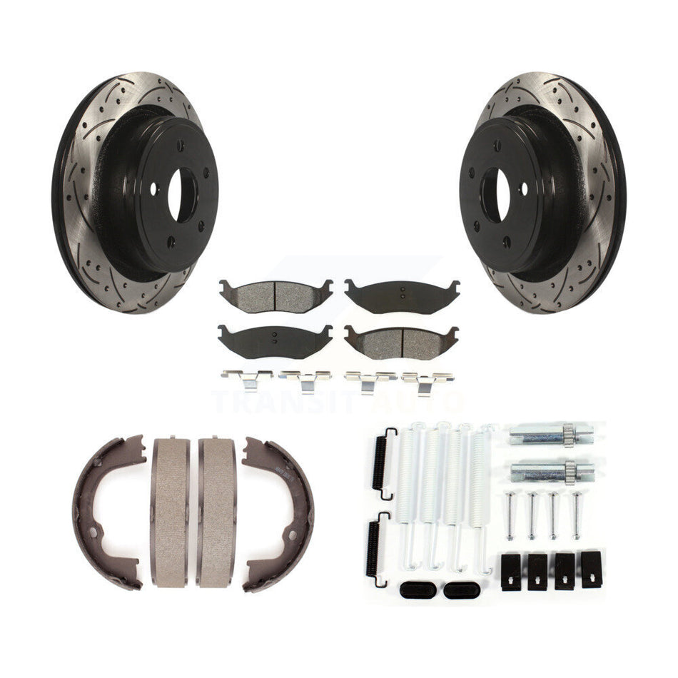 Rear Disc Drilled & Slotted Rotors Semi-Metallic Pads Parking Shoes Hardware Kit For Ram KDS-101544