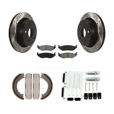 Rear Disc Drilled & Slotted Rotors Semi-Metallic Pads Parking Shoes And Hardware Kit For KDS-101545