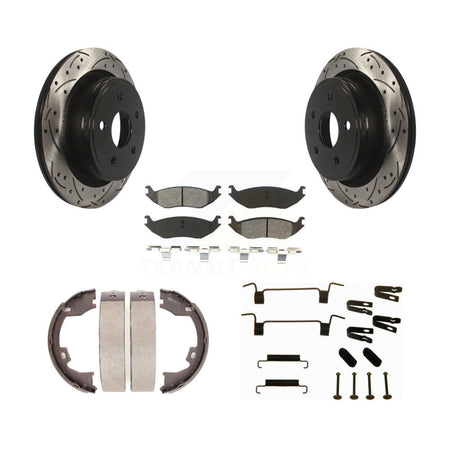 Rear Disc Drilled & Slotted Rotors Semi-Metallic Pads Parking Shoes And Hardware Kit For KDS-101547