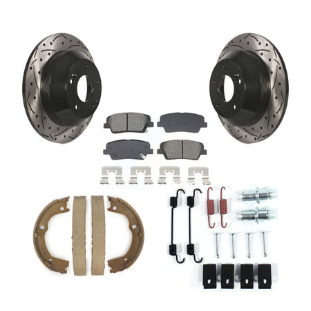 Rear Disc Drilled & Slotted Rotors Semi-Metallic Pads Parking Shoes Hardware Kit For Fe KDS-101548