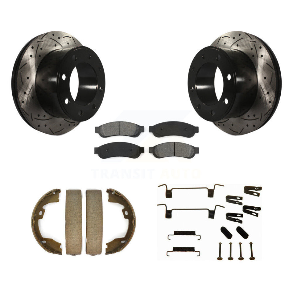 Rear Disc Drilled & Slotted Rotors Semi-Metallic Pads Parking Shoes Hardware Kit For Ford KDS-101549