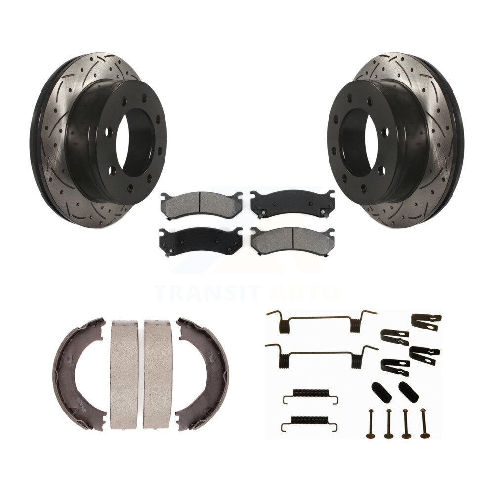 Rear Disc Drilled & Slotted Rotors Semi-Metallic Pads Parking Shoes Hardware Kit For 2500 KDS-101552