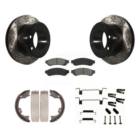 Rear Disc Drilled & Slotted Rotors Semi-Metallic Pads Parking Shoes Hardware Kit For Ford KDS-101556