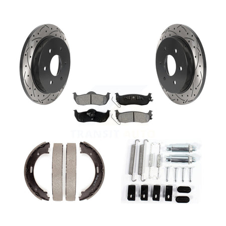Rear Disc Drilled & Slotted Rotors Semi-Metallic Pads Parking Shoes Hardware Kit For QX56 KDS-101557