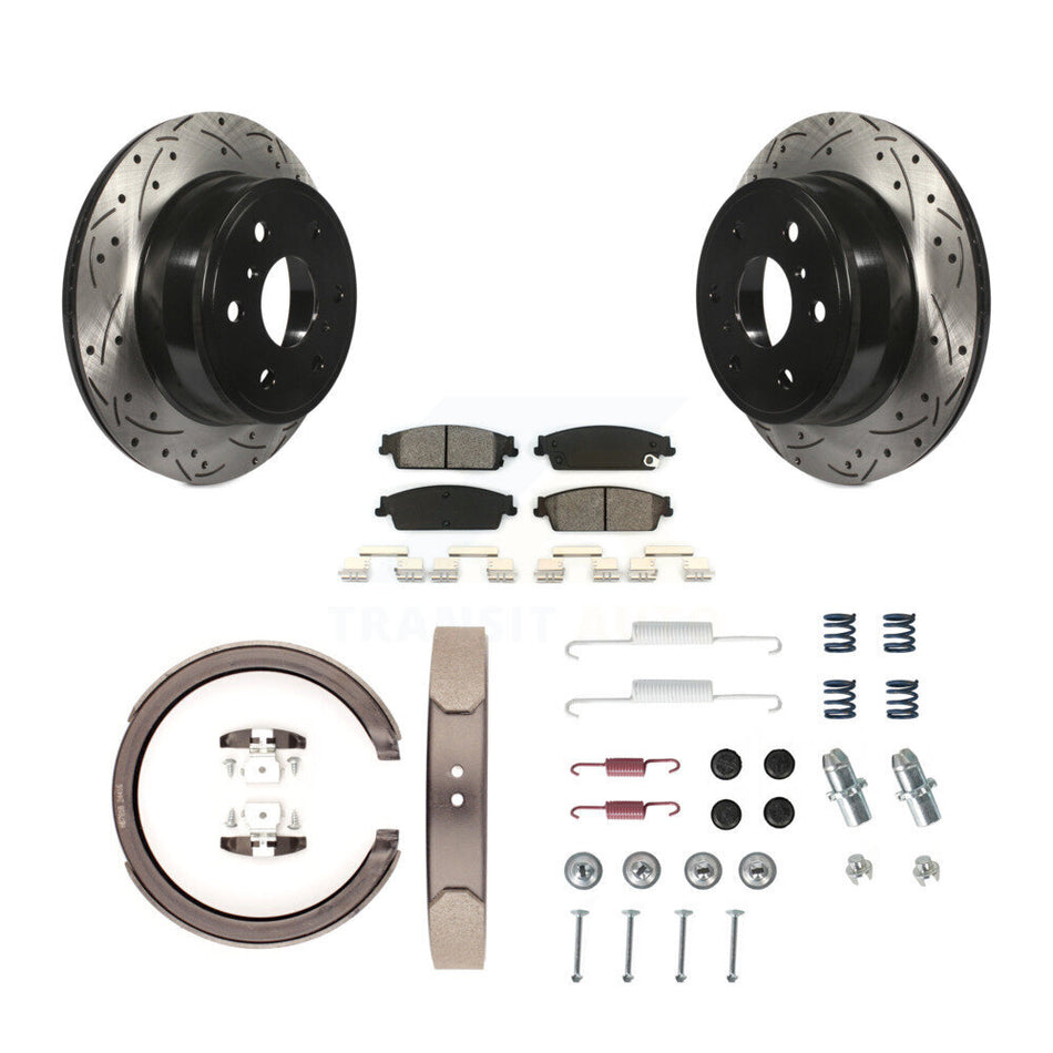 Rear Disc Drilled & Slotted Rotors Semi-Metallic Pads Parking Shoes Hardware Kit For GMC KDS-101558
