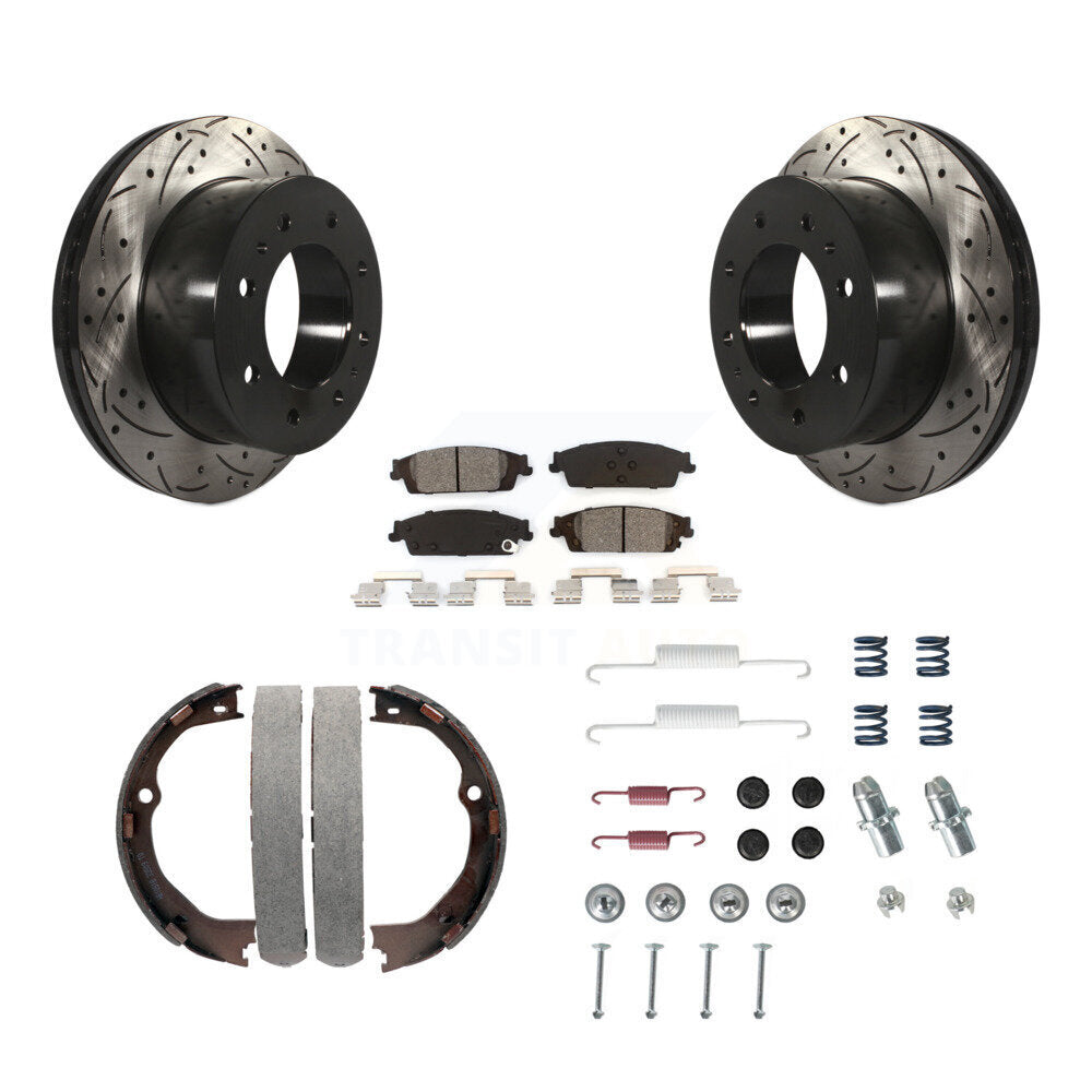 Rear Disc Drilled & Slotted Rotors Semi-Metallic Pads Parking Shoes And Hardware Kit For KDS-101560