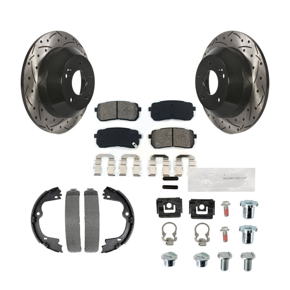 Rear Disc Drilled & Slotted Rotors Semi-Metallic Pads Parking Shoes And Hardware Kit For KDS-101561