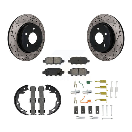 Rear Disc Drilled & Slotted Rotors Semi-Metallic Pads Parking Shoes And Hardware Kit For KDS-101751