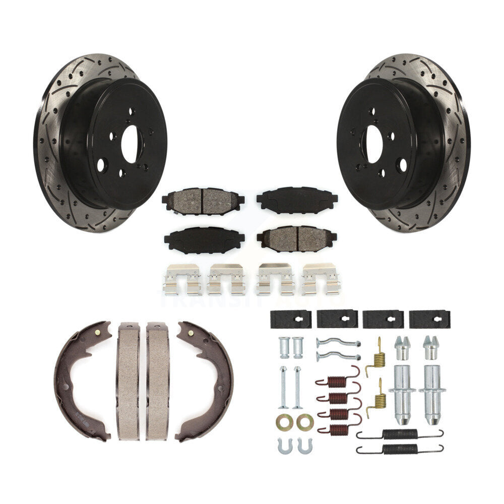 Rear Disc Drilled & Slotted Rotors Semi-Metallic Pads Parking Shoes And Hardware Kit For KDS-101753