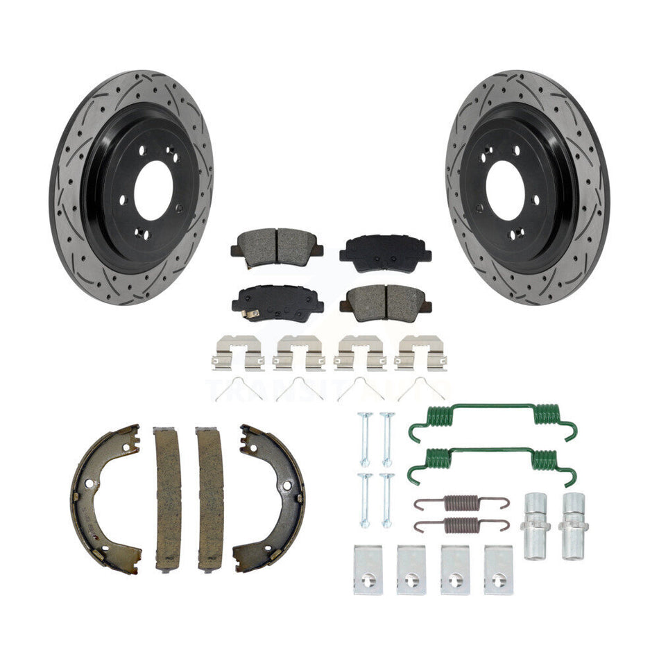 Rear Disc Drilled & Slotted Rotors Semi-Metallic Pads Parking Shoes And Hardware Kit For KDS-101755