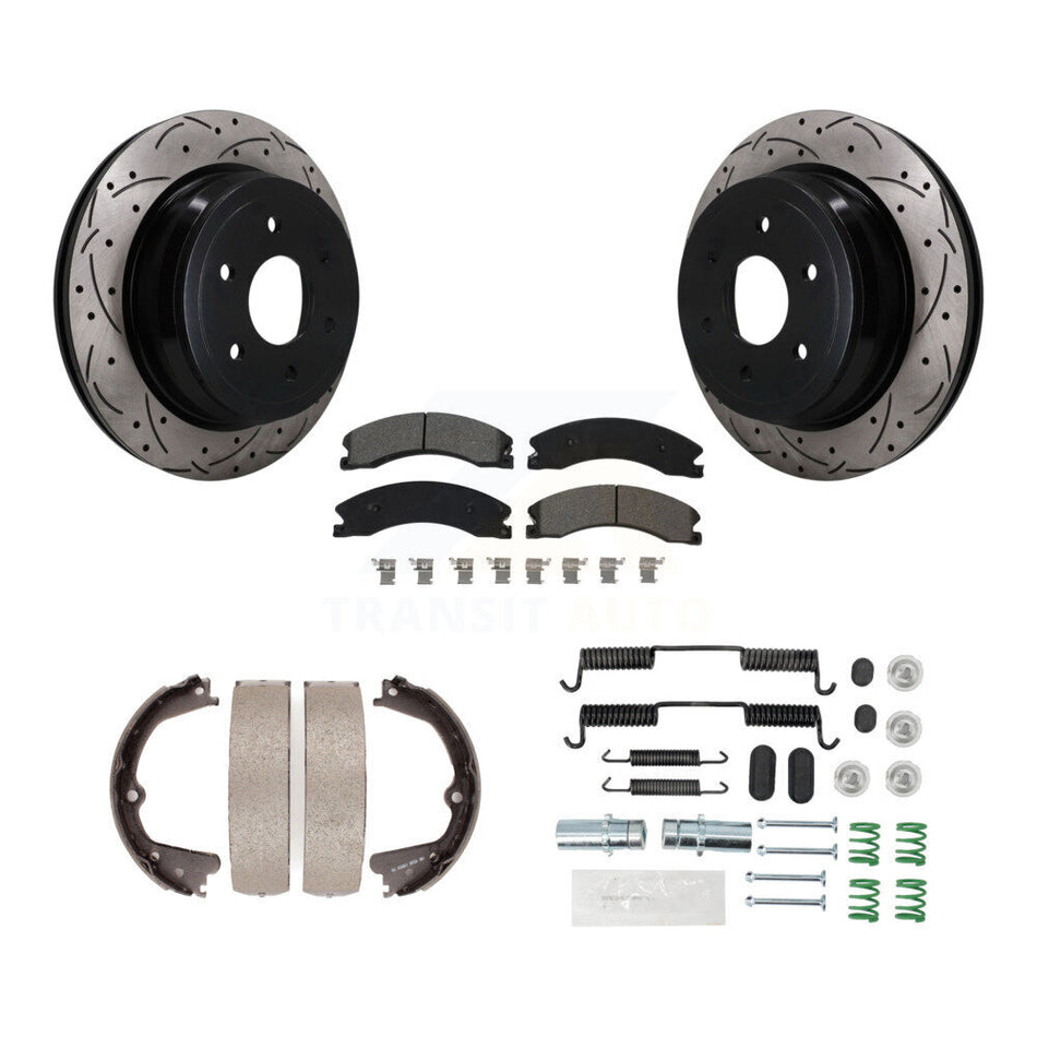 Rear Disc Drilled & Slotted Rotors Semi-Metallic Pads Parking Shoes And Hardware Kit For KDS-101757