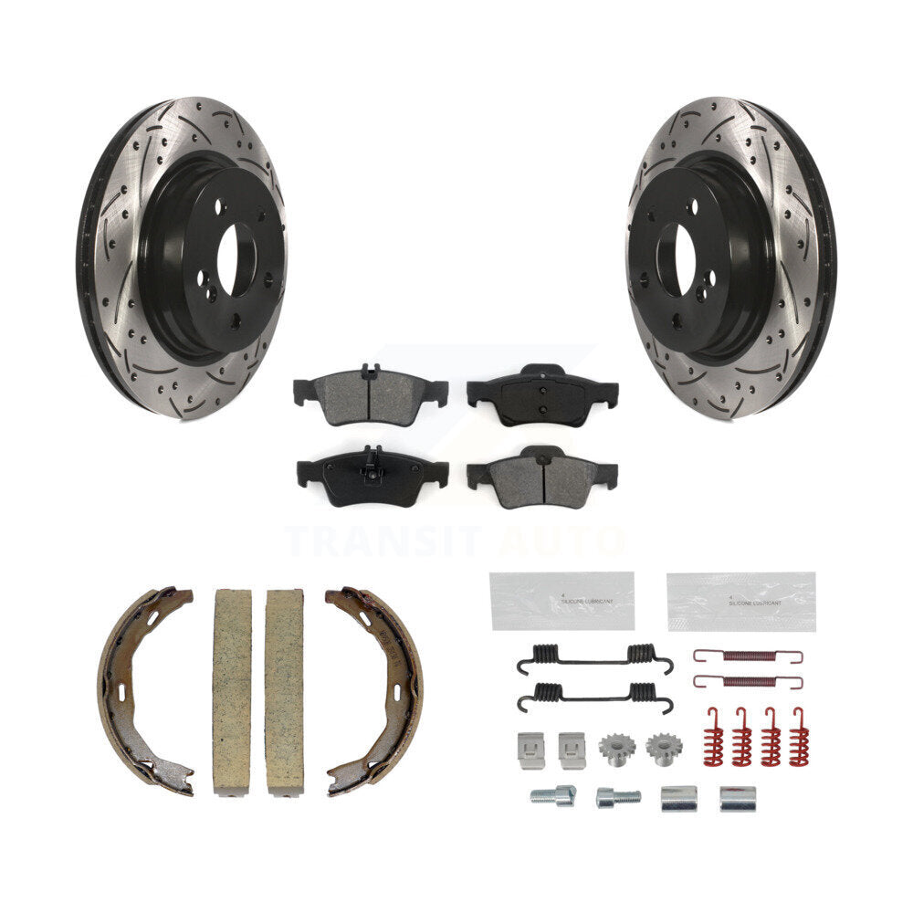 Rear Disc Drilled & Slotted Rotors Semi-Metallic Pads Parking Shoes And Hardware Kit For KDS-101758