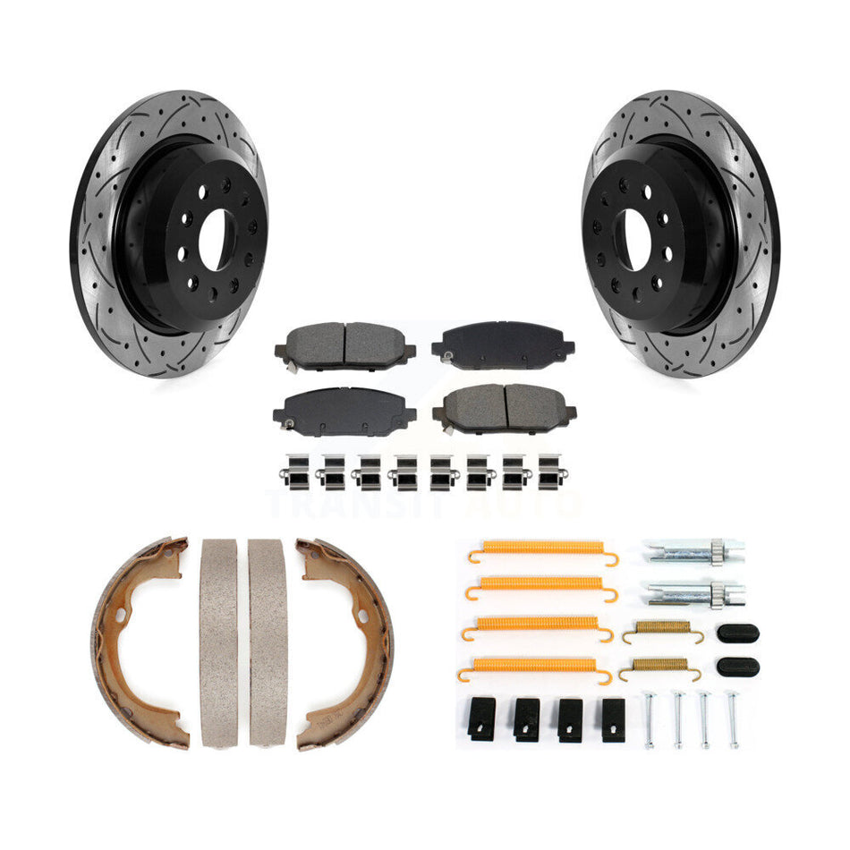 Rear Disc Drilled & Slotted Rotors Semi-Metallic Pads Parking Shoes And Hardware Kit For KDS-101759