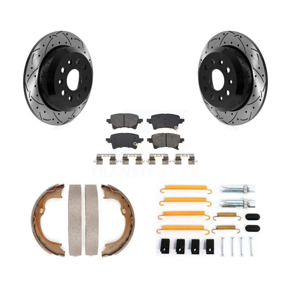 Rear Disc Drilled & Slotted Rotors Semi-Metallic Pads Parking Shoes And Hardware Kit For KDS-101761