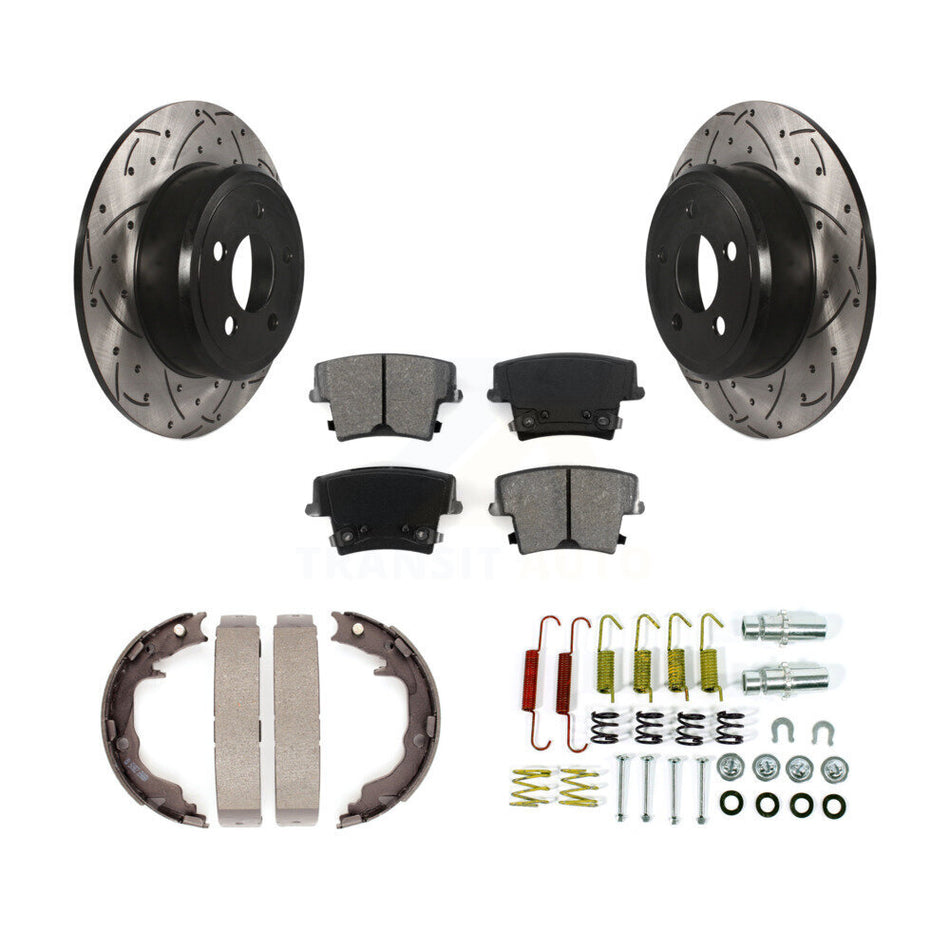 Rear Disc Drilled & Slotted Rotors Semi-Metallic Pads Parking Shoes And Hardware Kit For KDS-101765