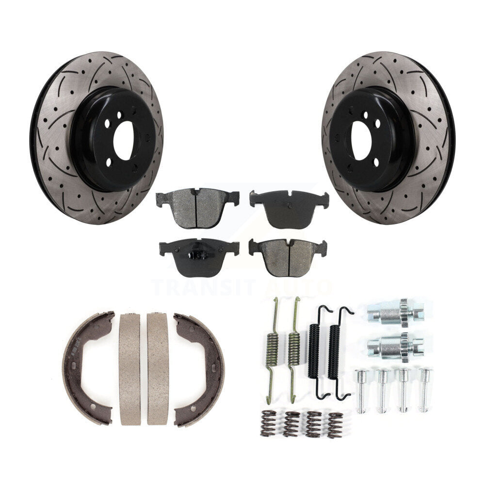 Rear Disc Drilled & Slotted Rotors Semi-Metallic Pads Parking Shoes Hardware Kit For BMW KDS-101766