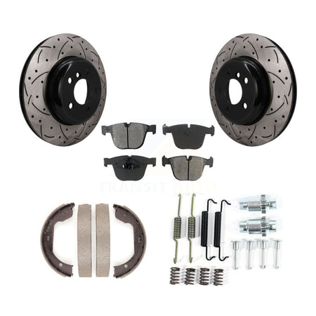 Rear Disc Drilled & Slotted Rotors Semi-Metallic Pads Parking Shoes Hardware Kit For BMW KDS-101766
