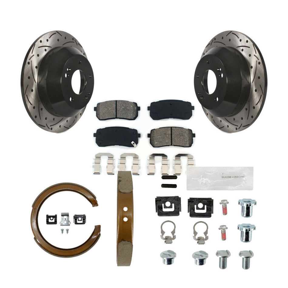 Rear Disc Drilled & Slotted Rotors Semi-Metallic Pads Parking Shoes And Hardware Kit For KDS-101768