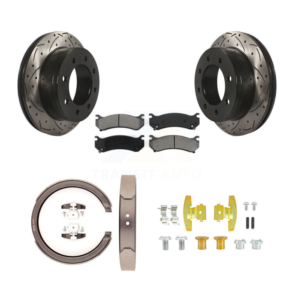 Rear Disc Drilled & Slotted Rotors Semi-Metallic Pads Parking Shoes And Hardware Kit For KDS-101770