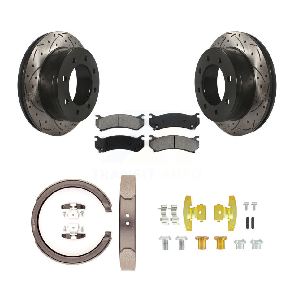 Rear Disc Drilled & Slotted Rotors Semi-Metallic Pads Parking Shoes And Hardware Kit For KDS-101770