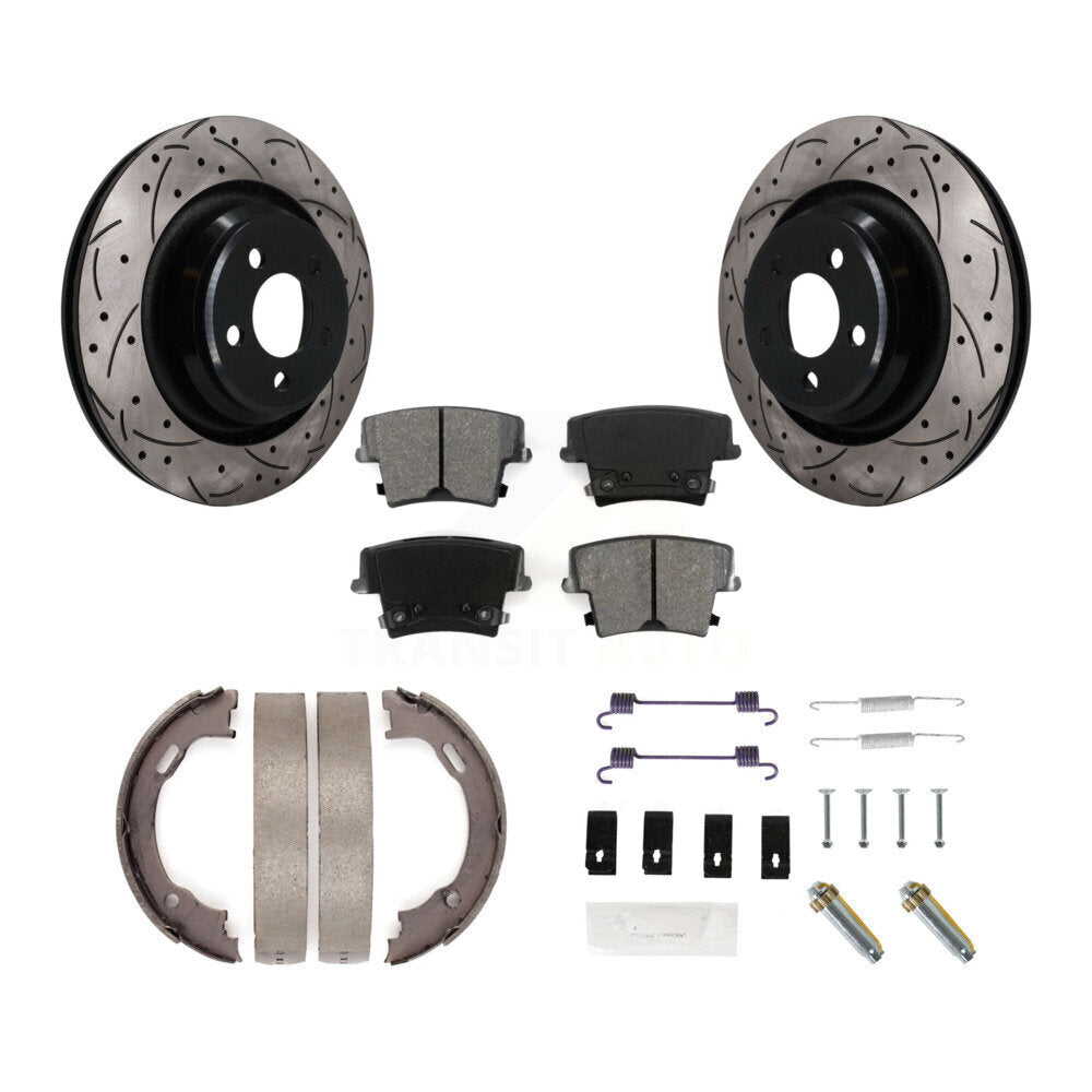 Rear Disc Drilled & Slotted Rotors Semi-Metallic Pads Parking Shoes And Hardware Kit For KDS-101772