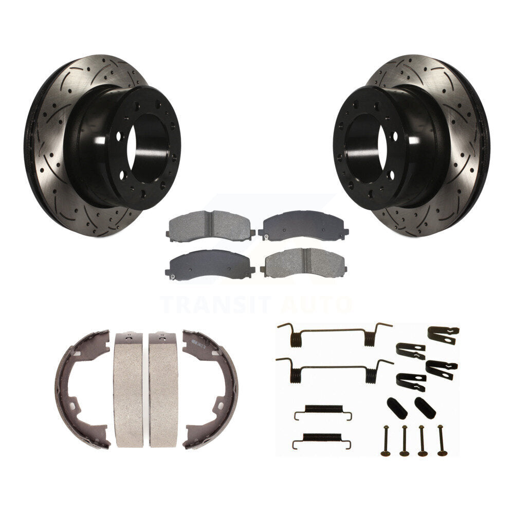Rear Disc Drilled & Slotted Rotors Semi-Metallic Pads Parking Shoes Hardware Kit For Ram KDS-101773